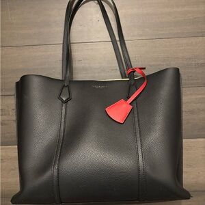 Tory Burch Black Leather Tote with Red Accent